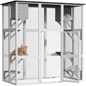 Catio Outdoor Cat Enclosure, Large Kitty House Cat Condo Playpen with Platforms & Living House for Mulitiple Cats with Waterproof Roof 71", White