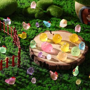 58 Pcs Easter Luminous Mini Chicken Figures Glow in Dark Tiny Resin Figures Set Fairy House Diorama Accessories Ornament for Garden Dollhouse Craft DIY
