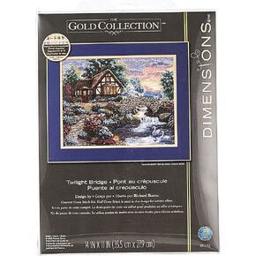 DIMENSIONS 35172 Gold Collection Counted Cross Stitch Kit, Twilight Bridge, 18 Count Beige Aida, 14'' x 11'', multi-colored