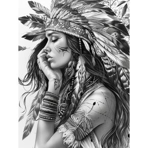 5D Diamond Painting Kits Black and White American Native Indian Woman Full Drill Round Beads Diamond Art Gems Stone Cross Stitch DIY Diamond Painting by Number Kits 12x16inch