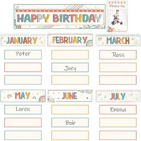 104 Pcs Birthday Bulletin Board Set Classroom Happy Birthday Chart Cutouts or Happy Birthday Bulletin Boards Wall Name Plates Kits Decorations for School Party