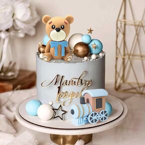 Laventy Blue Bear Cake Topper مع كرات ذهبية - دش الطفل وتزيين كعكة عيد الميلاد