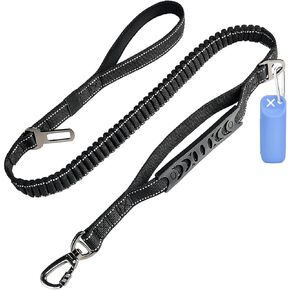 Heavy Duty Dog Leash for Large Medium Dogs Walking, Bungee Carabiner Training Dog Leash with Poop Bag Holder & Car Seatbelt & 2 Soft Traffic Handle, Shock Absorbing, Strong, 4ft, Khaki