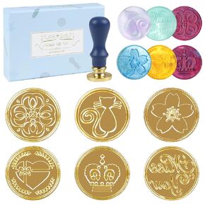 5pcs Wax Seal Stamp Kit, Sealing with Wooden Handle and Brass Head for Wedding Invitations Cards Envelopes Gift Packing (Flowers, Miss-You, Crowns, Kittens, Hearts Shape)