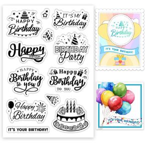 INFUNLY Happy Birthday Words Clear Stamps 6.3"×4.3" Sentiment Words Clear Stamps with Birthday Cake for Card Making Celebrate Silicone Stamps Words Clear Stamp for Birthday Gift Scrapbooking