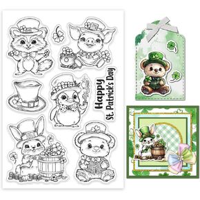 GLOBLELAND Saint Patrick's Day Animals Clear Stamps Raccoon Pig Penguin Bear Rabbit Silicone Clear Stamp Seals Cartoon Animals Transparent Stamps for DIY Scrapbooking Cards Making Photo Album Journal