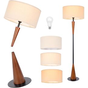 Solid Wood Floor Lamp with a Walnut Wood Underside Iron Plate Base with a Linen Drum Shade,Mid Century Modern Floor Lamp,Standing Lamps for Living Room Bedroom Office, Black and Walnut