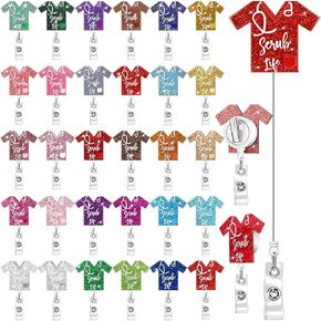 Crtiin 30 Pcs Nurse Badge Reel Retractable Nurse Badge Holder Medical Badge Reel Funny Nursing Badge Reel Bling Glitter Badge Reel ID Name Badge Holder with Alligator Clip for Office Nurses Doctors
