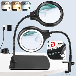 NZQXJXZ Large 20X 10X Magnifying Glass with 36 LEDs Light and Stand 2 in1 Magnifying Lamp with Large Base and Clamp, 3 Color Modes and Stepless Dimmable, Hands Free Desk Magnifier for Close Work