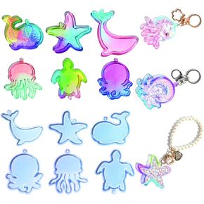 6Pcs Ocean Series UV Epoxy Quicksand Resin Casting Molds Jellyfish Starfish Octopus Turtle Dolphin Whale Hollow Shaker Silicone Molds for DIY Craft Keychain Handmade Pendant Projects
