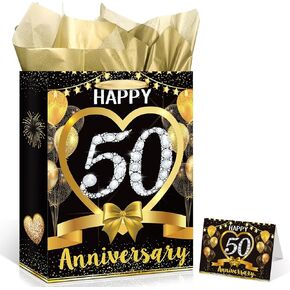 Happy 50th Anniversary Gold Paper Gift Bag with Tissue Papers, Card and Wrapping Bags for Golden Wedding Anniversary Decorations and Christmas Gifts