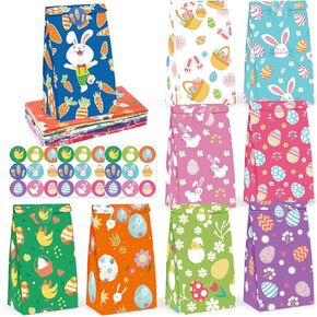 VGOODALL 54PCS Easter Treat Bags, Paper Bags with Stickers Goodie Party Lunch for Kids Easter Party Favors Cookies