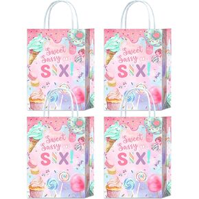 16 Pieces Sweet Sassy and Six Birthday Party Favors Bags,Donut 6th Birthday Goody Gift Snacks Treat Candy Party Favors Bags with Handles for Kids 6th Sweet Donut Theme Birthday Party Decorations