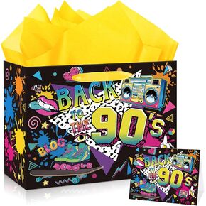 80s Birthday Gift Bag for Men Women, Retro 1980s Themed Party Favor Bags with Tissue Paper Greeting Card Back to The 80s Wrapping Paper Bag for Neon Hip Hop Rock Hippie Christmas Party Favor Supplies