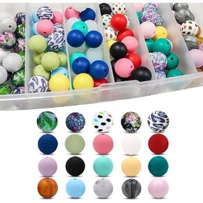 100PCS Round Silicone Beads 20 Assorted Colors & Patterns 15mm Silicone Beads Bulk Mixed Color Focal Beads for DIY Crafts Bracelet Making Keychains Pens Accessories