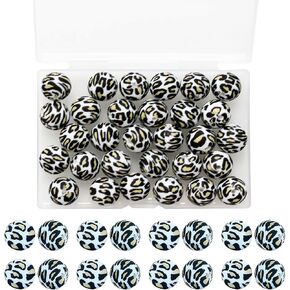 50 Pieces Silicone Beads, BetterJonny 10 Colors Loose Beads with Storage Box 15mm Cow Leopard Print Round Beads for Necklace Bracelet DIY Crafts