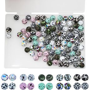 50 Pieces Silicone Beads, BetterJonny 10 Colors Loose Beads with Storage Box 15mm Cow Leopard Print Round Beads for Necklace Bracelet DIY Crafts in Kuwait