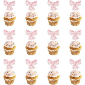 24 Pack Pink Bow Cupcake Toppers Bowknot Cupcake Toppers Cute Dessert Bow Tie Picks for Princess Girls Birthday Baby Shower Party Wedding Bridal Engagement Party Decorations