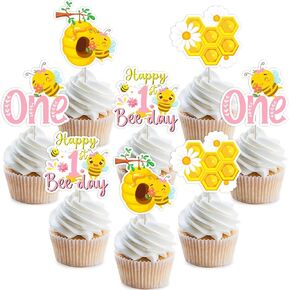 Bee 1st Birthday Party Decorations - 36PCS Bee Cupcake Toppers, Pink 1st Bee Day Party Decorations for Girls, Happy Bumble Bee Day Party Decorations, So Sweet to Bee One Party Decorations