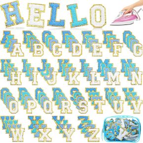 105 Pcs Chenille Letter Patches Self Adhesive Iron on Colorful Chenille Embroidered Patches with Gold Glitter Jean Stickers for Clothing Hat Backpack Bag Jacket (Blue Gradient Series)