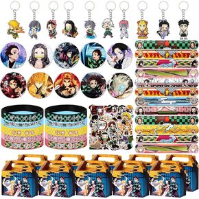 Birthday Party Supplies,100 Pcs Party Favors Include 10 Silicone Wristbands,10 Keychains,10 Pattern Decorations,10 Wrists,10Gift Boxes and 50 Stickers, Best Gift Bag Filler for Themed Party