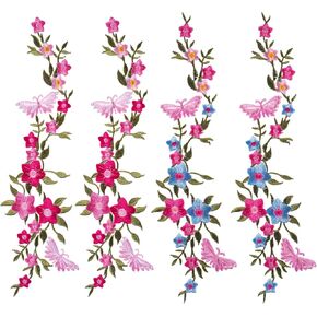 CHANZET Flower Iron On Patches 4pcs, Butterfly Flower Embroidered Patches, Floral Applique Embroidery Patches for Clothes Dresses Decorative DIY Craft Sewing