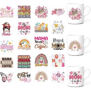 Romart UV DTF Cup Wrap, 20 Sheets Mama UV DTF Cup Wraps for 16 OZ Boho Mom Flower UVDTF Decals for Mothers Day, Waterproof Rub on Transfer Stickers for Glass Cups Furniture Wood DIY Crafts