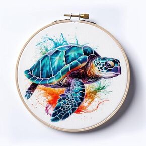 Generic Counted Easy Cross Stitch Kits Watercolor Turtle Color Stamped Embroidery for Starter Kits DIY 11CT Stamped Patterns Embroidery Needlework Kit Supplies 12 Inch Hoop Included(164-A)