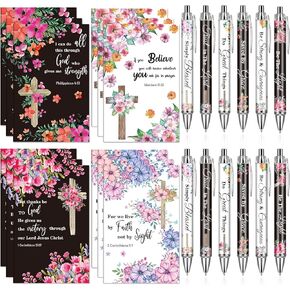 Christian Notebooks and Bible Verse Pen - 24 Pcs Scripture Ballpoint Pens Inspirational Notepads with Cross and Flower Pattern Religious Prayer Journal Christian Gift Bulk for Women Teacher Students