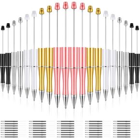 20 Pcs Beadable Pens,plastic Bead Pen Bulk Colored,black Ink Beaded Pens Extra Refills for Make Gifts for Children and Students, Office School Supplies(Black Gold)
