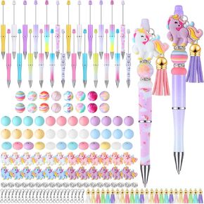 Qilery 24 Sets Plastic Beadable Pens Bulk with Assorted Colors Beads Pendants Tassels and Clasps Bead Ballpoint Pen DIY Making Kit Beaded Pens for Office School Students Kids Gifts (Unicorn)