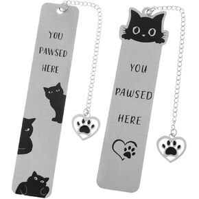 Cat Bookmarks, 2 Pcs Stainless Steel Black Cat Bookmark for Women, Men, Kids, You Paused Here Cute Book Marks for Book Lovers, Birthday, (Silver & Black)