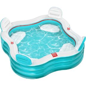 QPAU Inflatable Swimming Pool, Full-Sized Blow Up Pool with Seats and Backrests, Kiddie Pool for Outdoor & Backyard, for Family Summer Time Fun, Cyan