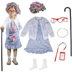Girl's 100 Days of School Old Lady Costume Dress, Coat Set, 100 Days of School Costume for Cosplay