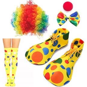 5pcs Clown Costume Set Wig Nose Shoes BowTie Socks Fancy Dress Outfit for Halloween Carnival Cosplay Birthday Dress-Up Party