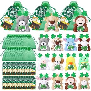 24 Set St. Patrick's Day Mini Stuffed Animals Toy with Shamrock Cards Organza Bags Tiny St. Patrick's Keychain Animal Plush Toys for Green Party Favors Goodie Bag Filler Classroom Gift