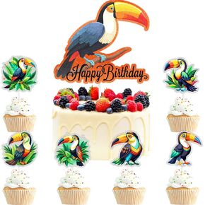 Toucan Cake Toppers Kids Happy Happy Decorations Tropical Bird Decorations 7pcs مجموعة ، حفلة عيد ميلاد الأولاد والبنات ، استحمام الطفل ، زينة حفلات الطيور الاستوائية ، هدية رائعة للطفل.