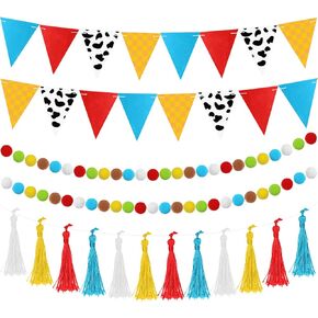 5 Pcs Cartoon Story Party Decorations 9.8 ft Happy Birthday Banner Story Felt Fabric Garland Tassel Triangle Flags Banners Pom Pom Balls Garland for Holiday Outdoor Indoor Tree