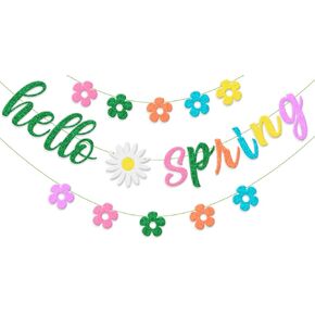 Hello Spring Banner, Colorful Glitter Spring Flower Banner Garland, Spring Party Decorations for Spring Easter Indoor Outdoor Home Mantel Fireplace Hanging Décor in Kuwait