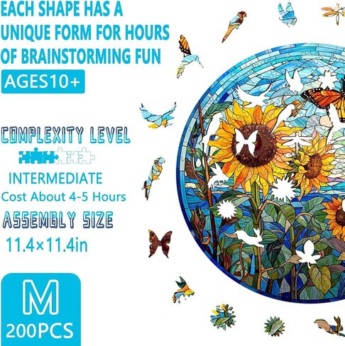 Wooden Puzzles for Adults - Glass Sunflower Wooden Puzzle, Unique Shaped Wooden Jigsaw Puzzles for Adults, Wood Puzzles Adult, Perfect for Birthday Gift, Family Puzzles, 100 Pieces 8.5 x 8.5in, Small in Kuwait