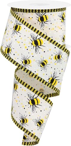 Bumble Bees & Stripes Wired Edge Ribbon - 10 Yards (1.5 Inch, Light Beige) in Saudi Arabia