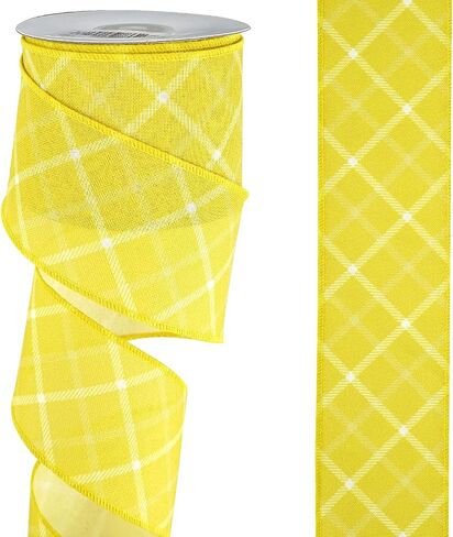 MEEDEE Plaid Check Wired Ribbon Yellow Striped Buffalo Plaid Ribbon 2.5 Inch X 10 Yards Yellow Burlap Ribbon for Crafts Decoration Bows Making Farmhouse Decor Flower Wreath Floral Bouquet Wrapping in Saudi Arabia