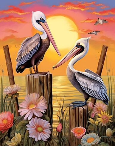 F-CANLAN Round Full Drill Diamond Painting Set 5D Pelican Diamond Painting Crafts Kit Sunset Bird Crystal Crafts Dots with Diamond Adult Rhinestone Diamond Art Room Decor (12X16 inches) in Saudi Arabia
