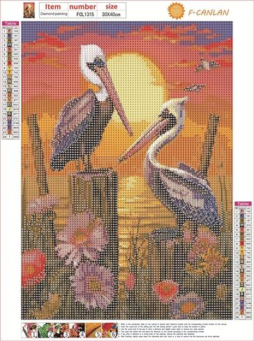 F-CANLAN Round Full Drill Diamond Painting Set 5D Pelican Diamond Painting Crafts Kit Sunset Bird Crystal Crafts Dots with Diamond Adult Rhinestone Diamond Art Room Decor (12X16 inches) in Saudi Arabia