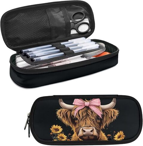 Highland Cow Pencil Case Cute Pencil Pouch Pen Box with Zipper Sunflower Gifts Pen Pencil Holder Pen Bags for Kids Adults Boys Girls Back to School Study Supplies Big Capacity in Kuwait