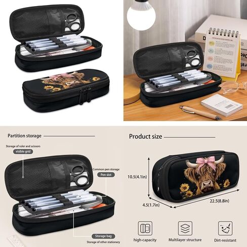 Highland Cow Pencil Case Cute Pencil Pouch Pen Box with Zipper Sunflower Gifts Pen Pencil Holder Pen Bags for Kids Adults Boys Girls Back to School Study Supplies Big Capacity in Kuwait