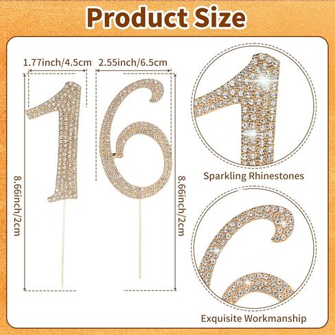 رقم 16 كعكة ، 16 كعكة عيد ميلاد توببر سباركلي بلينج سبيكة الكريستال راينستون الكعكة توببر راينستون راينستون 16th الكعكة ، الديكور كعكة لحفل عيد الميلاد والذكرى - الذهب in Kuwait