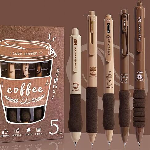 5 PCS Gel Als Cupe Coffee Pen أقلامًا قابلة للسحب 0.5 ملم الحبر الأسود لكتابة الحبر الحبر اللوازم المدرسية للبنات للبنات الرجال (القهوة) in Saudi Arabia