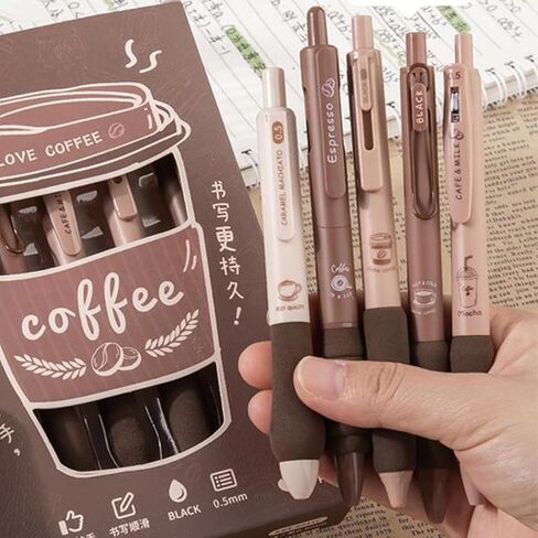 5 PCS Gel Als Cupe Coffee Pen أقلامًا قابلة للسحب 0.5 ملم الحبر الأسود لكتابة الحبر الحبر اللوازم المدرسية للبنات للبنات الرجال (القهوة) in Saudi Arabia