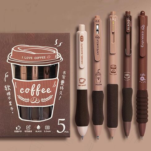 5 PCS Gel Als Cupe Coffee Pen أقلامًا قابلة للسحب 0.5 ملم الحبر الأسود لكتابة الحبر الحبر اللوازم المدرسية للبنات للبنات الرجال (القهوة) in Saudi Arabia